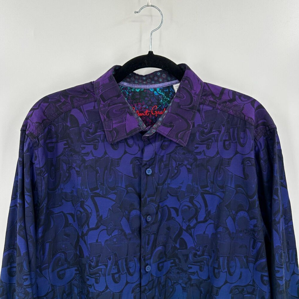 ROBERT GRAHAM Beat Street Blue Purple Ombre Graffiti Long Sleeve Dress Shirt XL - Picture 3 of 6